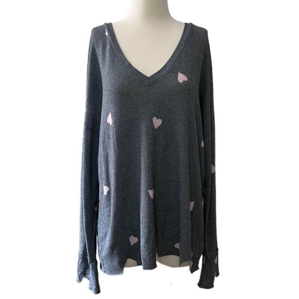 LNA Revolve Brushed Hearts Raglan Gray Pink V-Neck Banded Edge Sweatshirt Size M